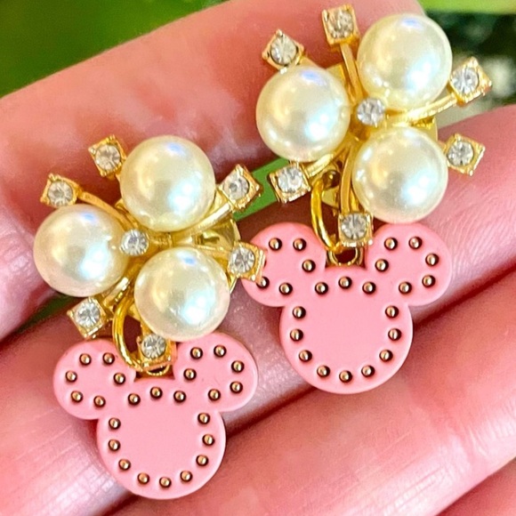 Cubic Zirconia and Pearl Pink Mickey Earrings - Picture 1 of 5